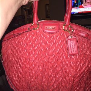 COACH red mixed fabric w leather satchel